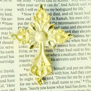 Religious Women Cross Brooch Pin Gold Tone